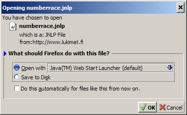 Numerorata; webstart-tiedoston avaaminen