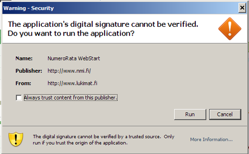 Numerorata; webstart-tiedoston sertifikaatti
